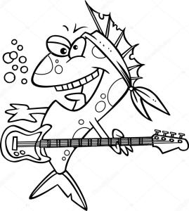fish playing a bass with a metal haircut